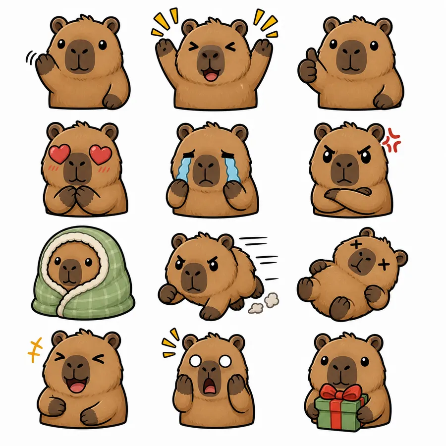 Capybara finished pack: all twelve expressions