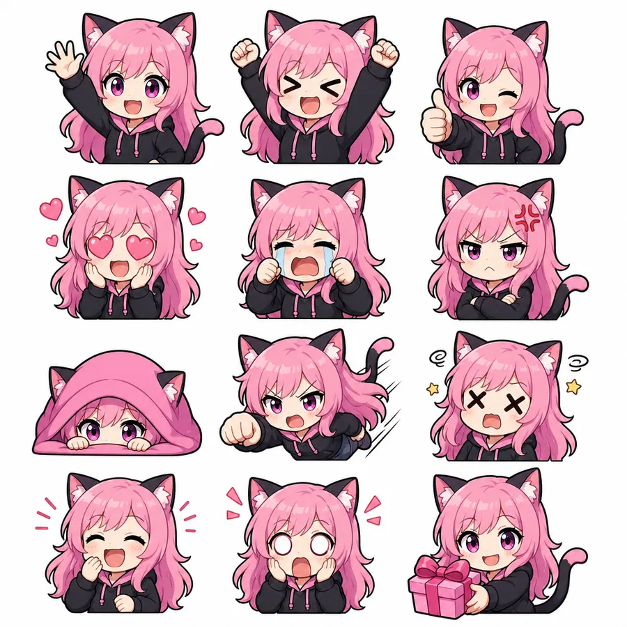 Catgirl-Chibi 12-expression emote sheet