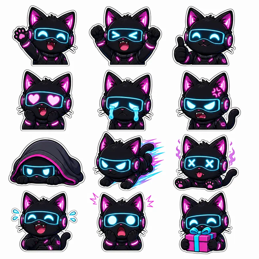 Neon Cybercat complete 12-expression preview